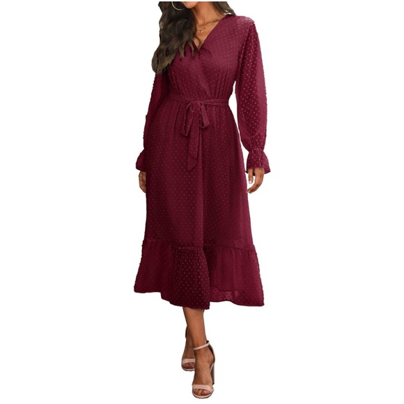 NWT, BTFBM V-Neck Maxi Dress with a Sheer Swiss Dot Overlay and Tie, Size Medium - Picture 2 of 15